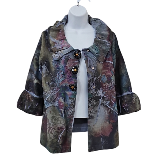 Bleu Boutique Floral Microsuede Jacket Medium Womens Blue Embellished Snap Front - Picture 4 of 4